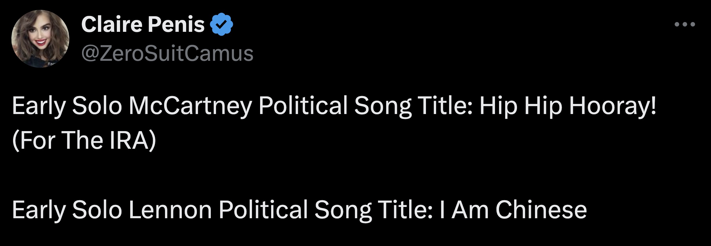 screenshot - Claire Penis Early Solo McCartney Political Song Title Hip Hip Hooray! For The Ira Early Solo Lennon Political Song Title I Am Chinese